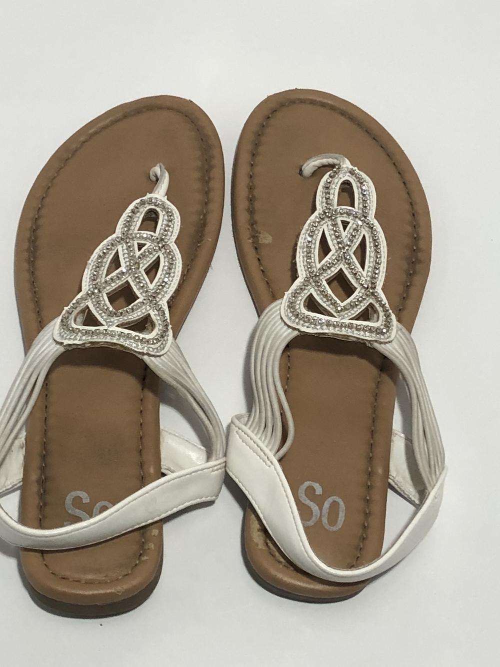 SO White Rhinestone Braided Thong Sandals